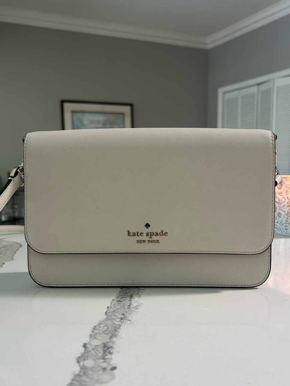 EUC  Kate  spade Small Cream Saffiano Flap Crossbody With Gold Hardware